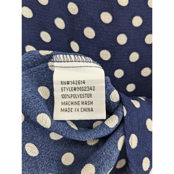 Ashley Blue Dot Print‎ Blouse M Navy White Office Hi Low Hem Short Sleeves Crew - Picture 5 of 8